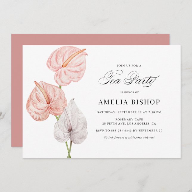 Invitation Boho Rose Aquarelle Anthuriums Tea Party (Devant / Derrière)