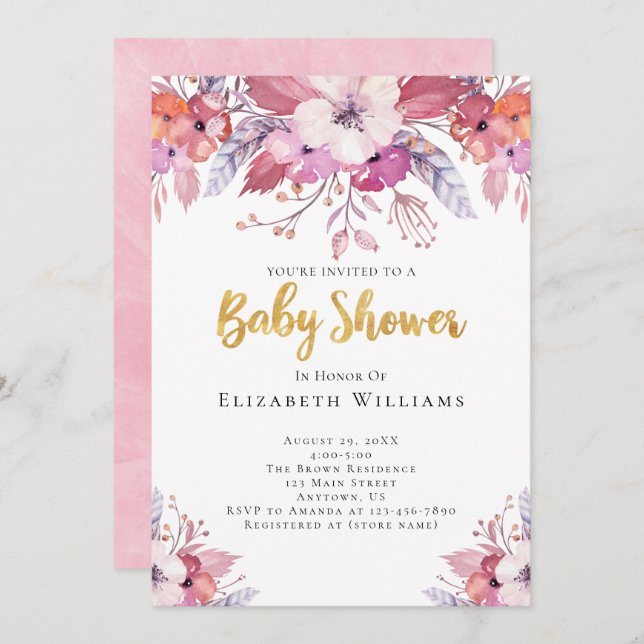 Invitation Boho rose Aquarelle Fleurs Baby shower fille (Devant / Derrière)