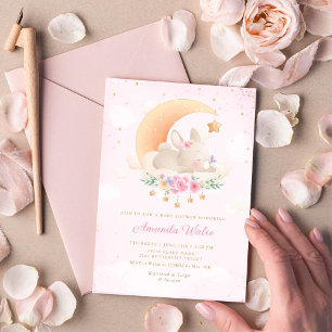 Invitation Boho rose Aquarelle mignonne Baby shower lapin fil