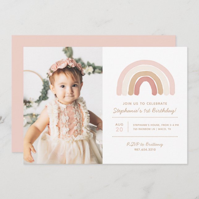 Invitation Boho rose arc-en-ciel fille fête d'anniversaire Ph (Devant / Derrière)