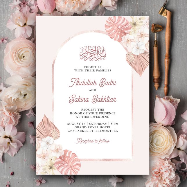 Invitation Boho Rose Arc Floral QR Code Mariage musulman (Créateur téléchargé)