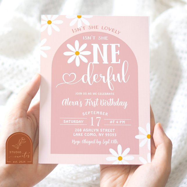 Invitation Boho Rose Arch Daisy Onederful Premier anniversair (Créateur téléchargé)