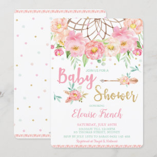 Invitation Boho rose Baby shower Floral Dream Catcher Girl