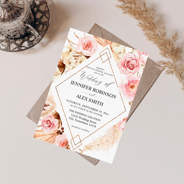 Invitation Boho rose & beige Floral Mariage or (Créateur téléchargé)
