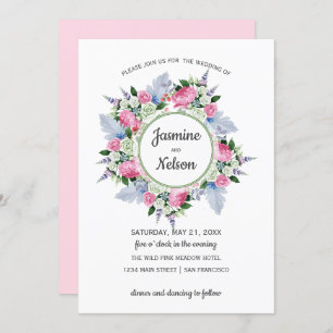 Invitation Boho rose blanc Lavande Fleurs cadre Mariage
