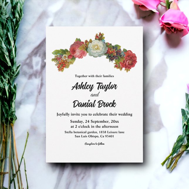 Invitation Boho rose blanc Roses rouges Floral Élégant Mariag (Créateur téléchargé)