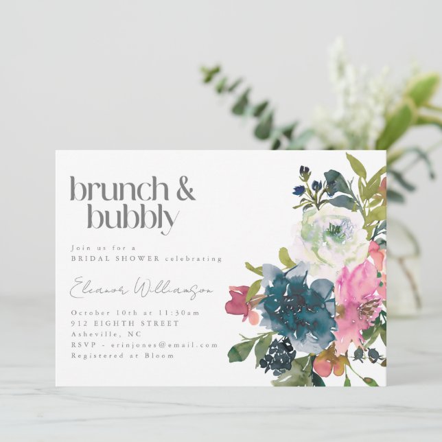 Invitation Boho Rose Bleu Floral Bridal Brunch Bubbly Douche (Debout devant)