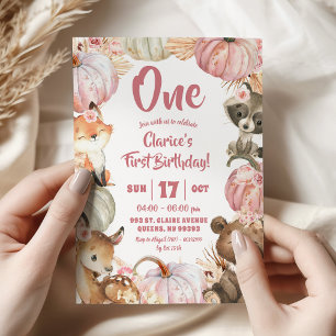 Invitation Boho rose bois Citrouille fille 1er anniversaire