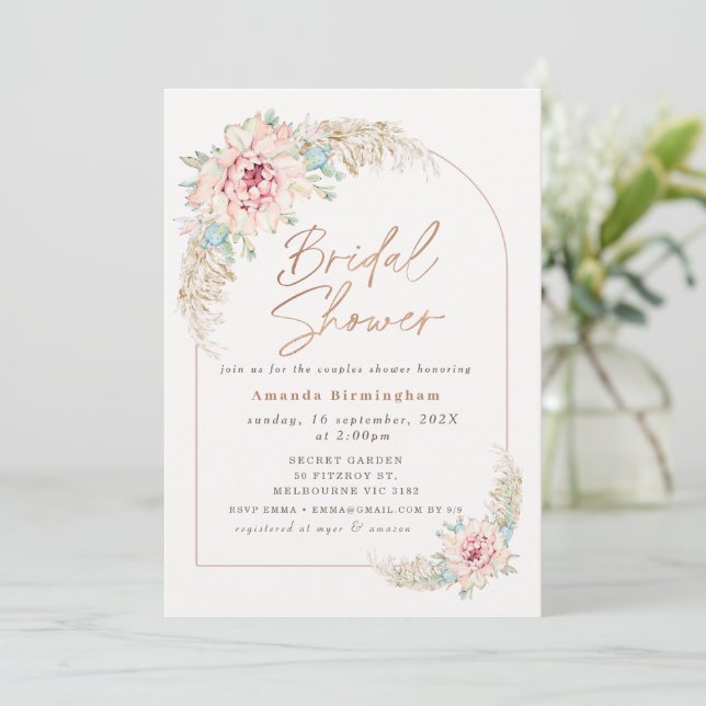 Invitation Boho Rose Cactus Rose Gold Mariage Douche Douche (Debout devant)