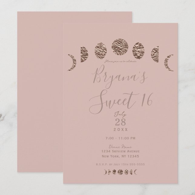 Invitation Boho Rose Clair Phases de Lune Fête Moderne de 16  (Devant / Derrière)
