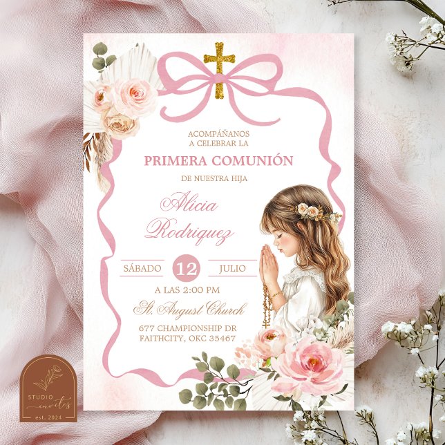 Invitation Boho Rose Coquette Herbe des Pampas Première Saint (Créateur téléchargé)