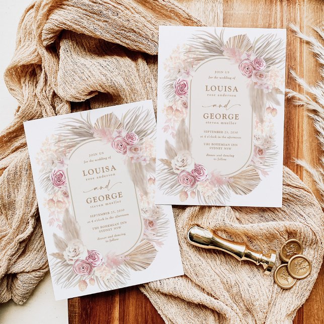 Invitation Boho rose doux Mariage en laiton Pampas (Créateur téléchargé)
