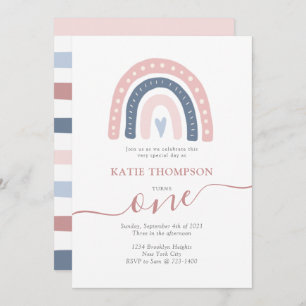 Invitation Boho rose et bleu arc-en-ciel premier anniversaire