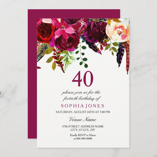 Invitation Boho rose et bordeaux Floral 40e fête d'anniversai (Devant / Derrière)