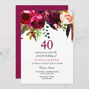 Invitation Boho rose et bordeaux Floral 40e fête d'anniversai