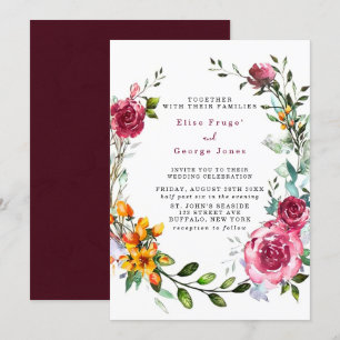 Invitation Boho rose et bourgogne Mariage floral