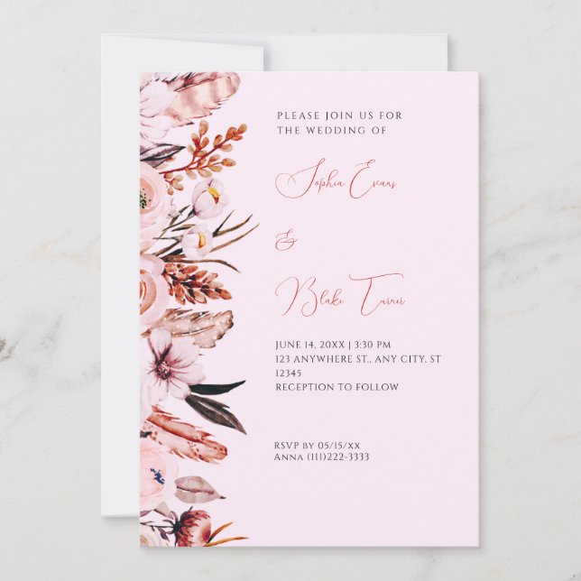 Invitation Boho rose et Brown Fleurs et plumes Mariage rose (Devant)