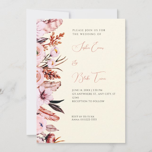 Invitation Boho rose et Brown Fleurs/Plumes Mariage jaune (Devant)