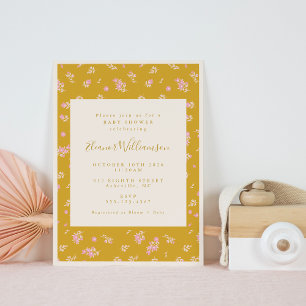 Invitation Boho rose et moutarde Jaune Baby shower floral