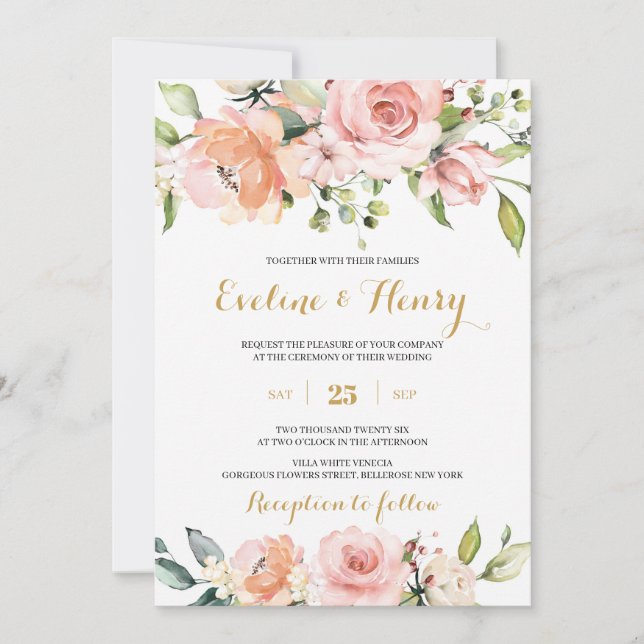 Invitation Boho rose et pêche floral et or mariage (Devant)
