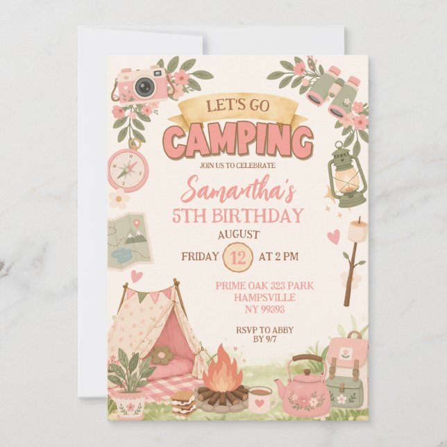 Invitation Boho Rose Faisons du Camping Anniversaire (Devant)
