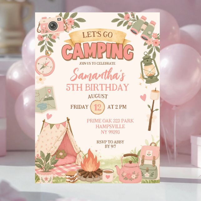Invitation Boho Rose Faisons du Camping Anniversaire (Créateur téléchargé)
