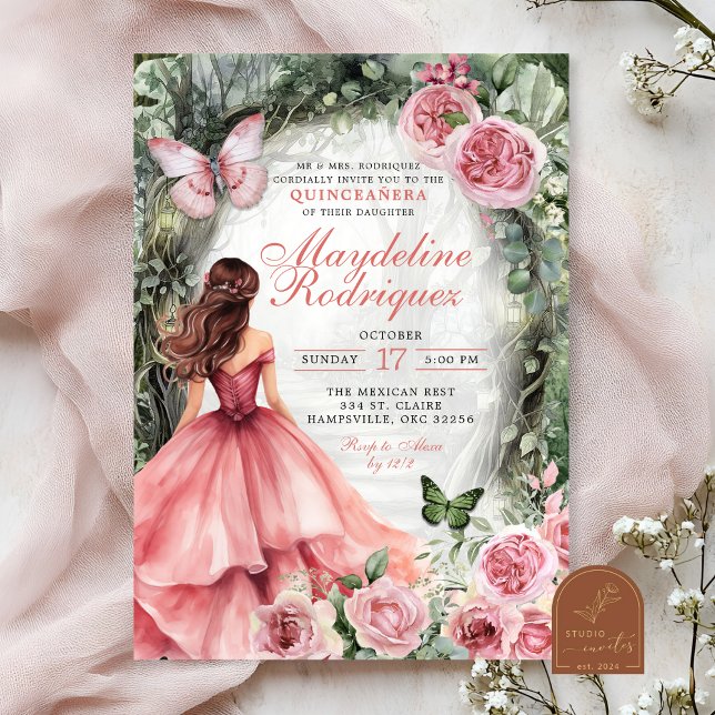Invitation Boho Rose Fantaisiste Quinceanera Forêt (Créateur téléchargé)