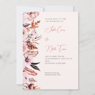 Invitation Boho Rose & Fleurs Brown & Plumes Mariage de crème