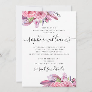 Invitation Boho rose fleurs et plumes fête de bachelorette