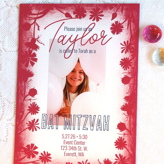 Invitation Boho rose Fleurs sauvages Cadre, Photo Bat mitzvah (Botanical pink, floral pattern bat mitzvah photo invitations)