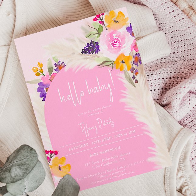 Invitation Boho rose floral arche fille baby shower bonjour (Créateur téléchargé)