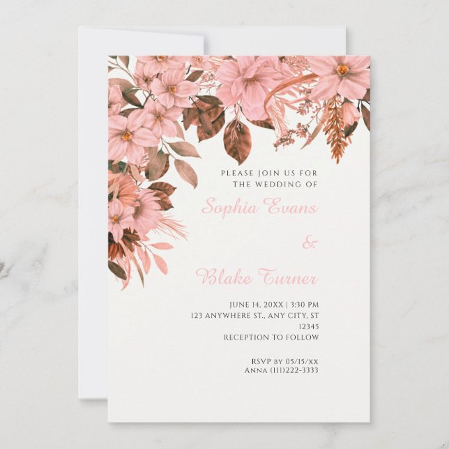 Invitation Boho Rose Floral Automne Blanc Cassé Mariage (Devant)