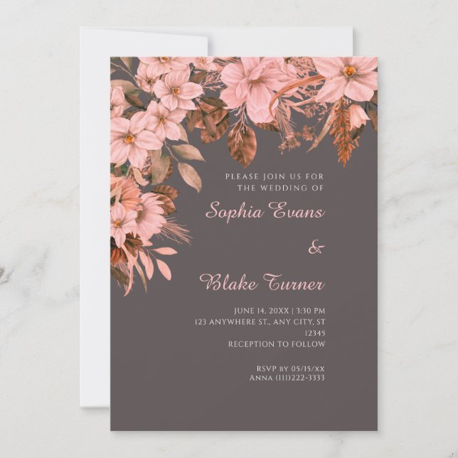 Invitation Boho Rose Floral Automne Gris Cendré Mariage (Devant)