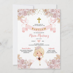 Invitation Boho Rose Floral Blonde Petite Fille Baptême Saint