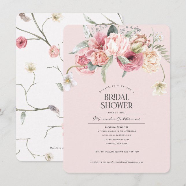 Invitation boho rose floral chic floral nuptiale (Devant / Derrière)