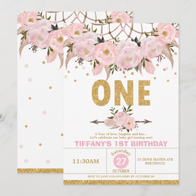 Invitation Boho Rose Floral Dream Catcher 1er anniversaire fi (Devant / Derrière)
