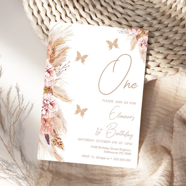 Invitation Boho Rose Floral Et Papillons 1er Anniversaire (Girls Boho Floral 1st Birthday Invitation Butterfly Butterflies First Birthday Invitation Girl)