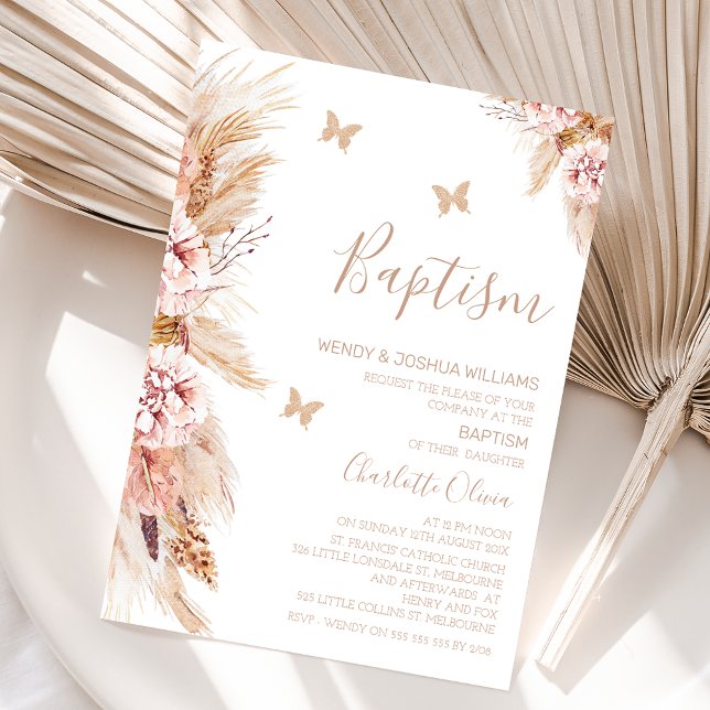 Invitation Boho Rose Floral Et Papillons Baptême (Boho floral baptism invitation for baby girl also featuring some faux gold glitter butterflies.)