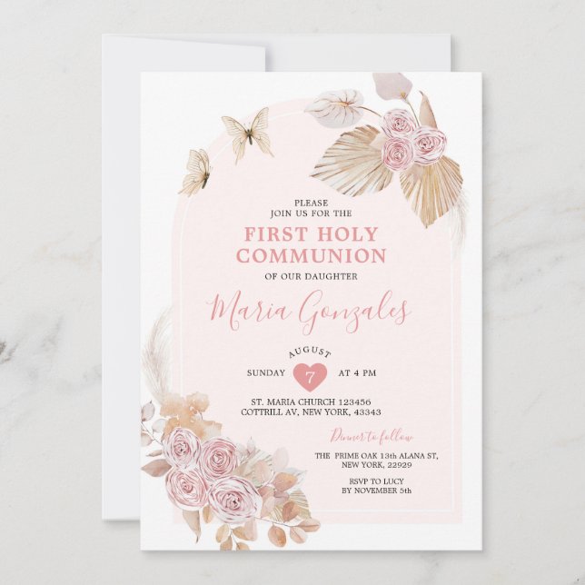 Invitation Boho Rose Floral Girl Première Sainte Communion (Devant)