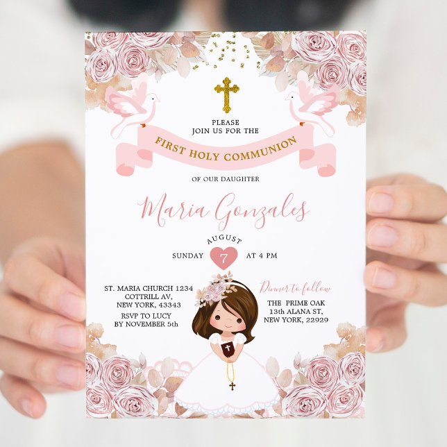 Invitation Boho Rose Floral Girl Première Sainte Communion (Créateur téléchargé)