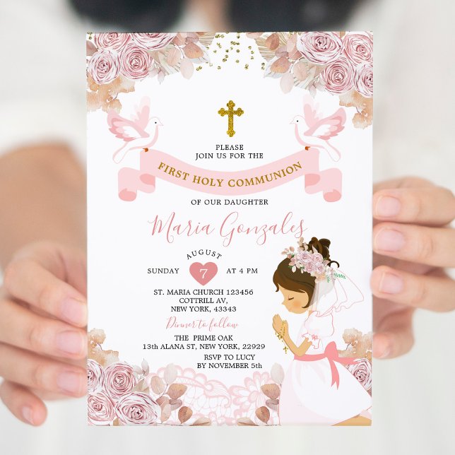 Invitation Boho Rose Floral Girl Première Sainte Communion (Créateur téléchargé)