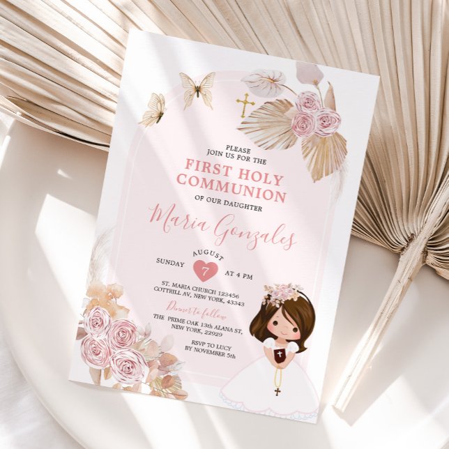 Invitation Boho Rose Floral Girl Première Sainte Communion (Créateur téléchargé)