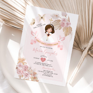 Invitation Boho Rose Floral Girl Première Sainte Communion