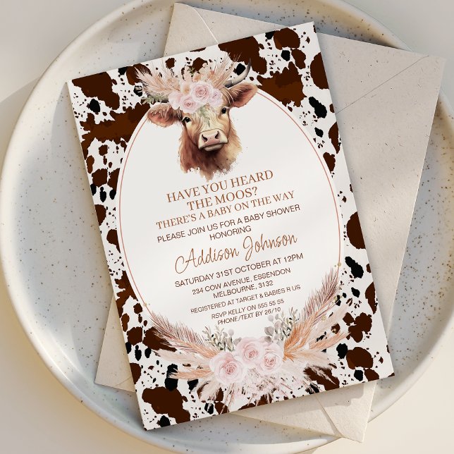 Invitation Boho Rose Floral Highland Vache Baby shower (Holy Cow baby Shower Invitation Template, Boho Pink Floral Holy Cow Baby Shower Invitation, Highland)