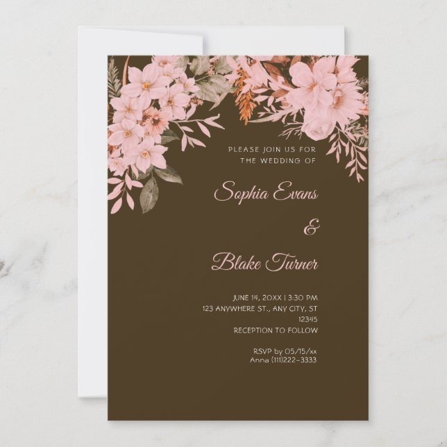 Invitation Boho Rose Floral Hiver Mocha Marron Mariage (Devant)