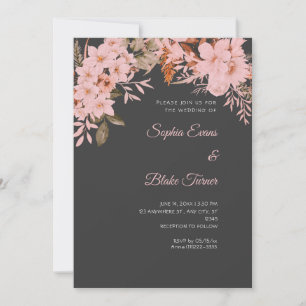 Invitation Boho Rose Floral Hiver Ombre Grise Mariage