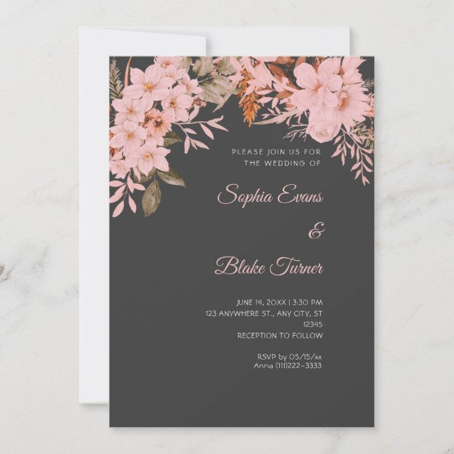 Invitation Boho Rose Floral Hiver Ombre Grise Mariage (Devant)