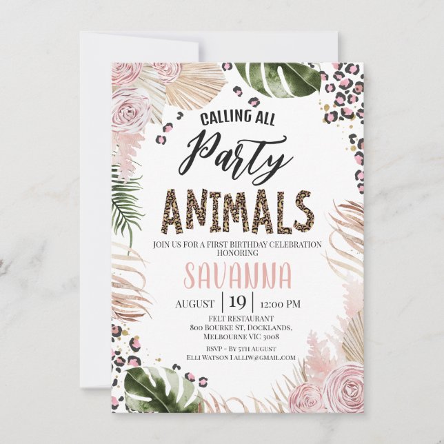 Invitation Boho Rose Floral Imprimé Guépard Safari 1er Annive (Devant)