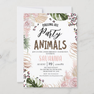 Invitation Boho Rose Floral Imprimé Guépard Safari 1er Annive