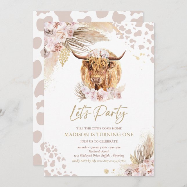 Invitation Boho Rose Floral Pampas Grass Highland Cow Party (Devant / Derrière)